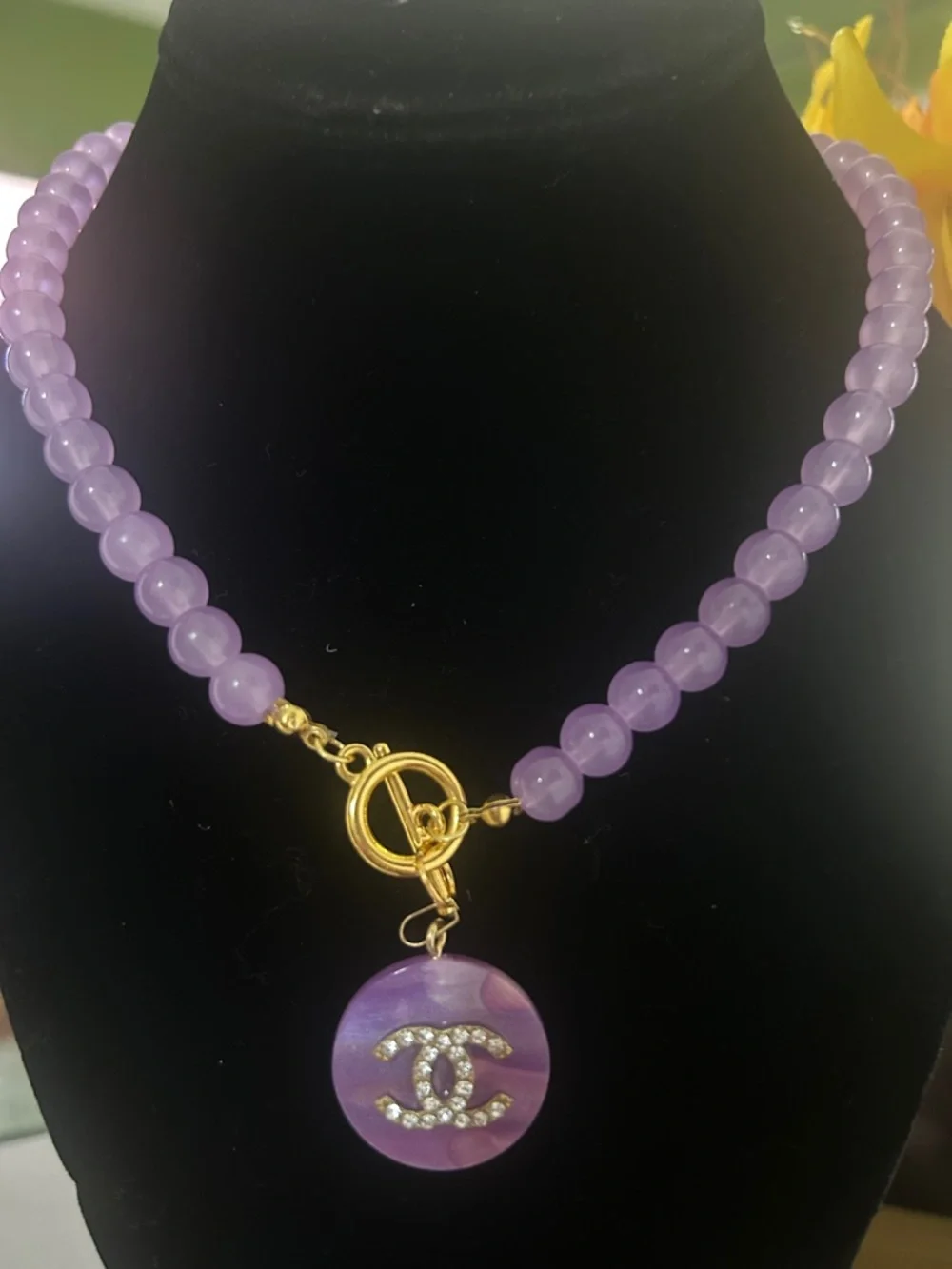 lavender Beaded Necklace with Gold Toggle(stamped)16” - Picture 7 of 12